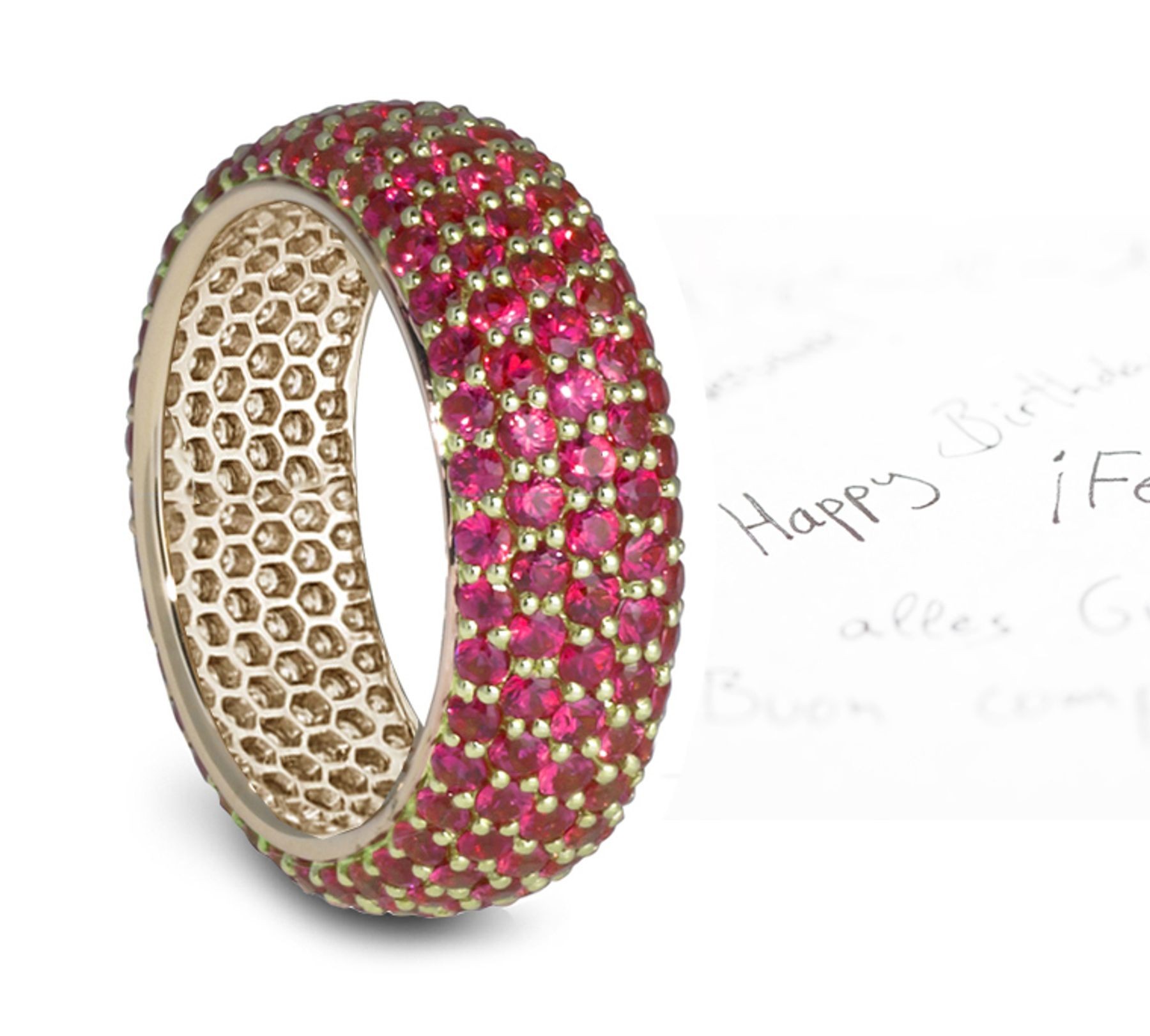 See Micropavee Deeply Saturated Ruby Band 6 mm Wide in 14k Yellow Gold