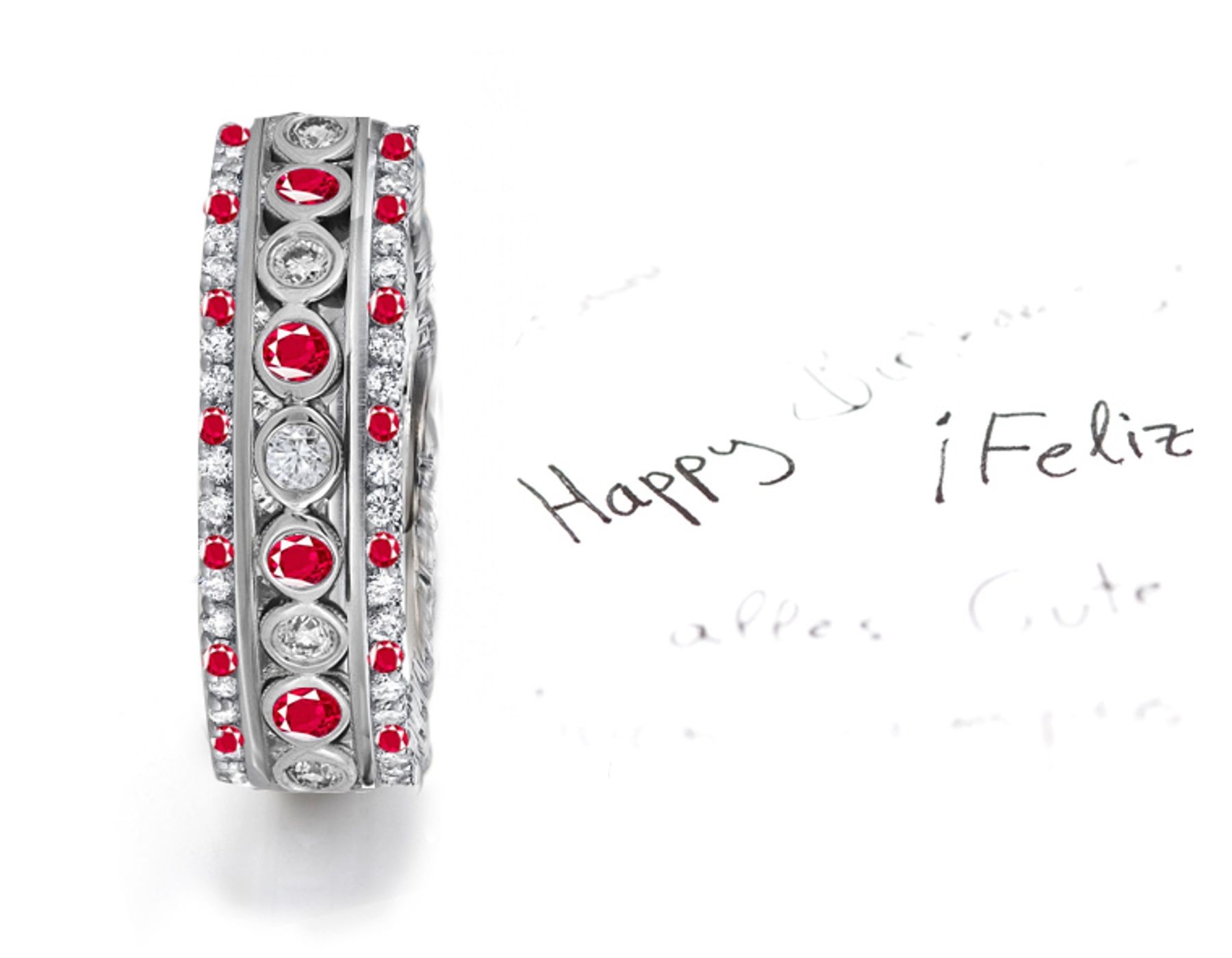 Bezel Set Diamond & Ruby Band Bordered By Bead Set Rubies & Diamonds