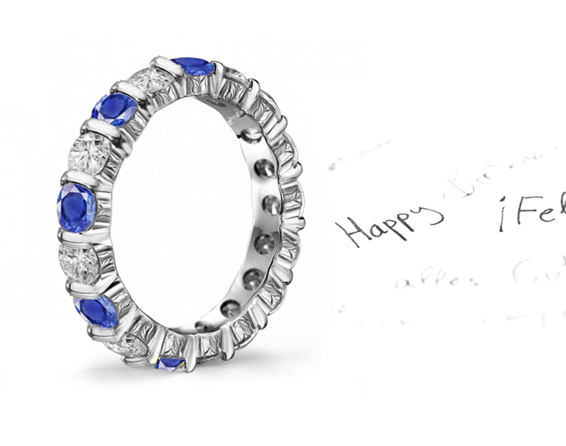 Scrolls & Motifs Decorated Sapphire & Diamond Gold Anniversary Band