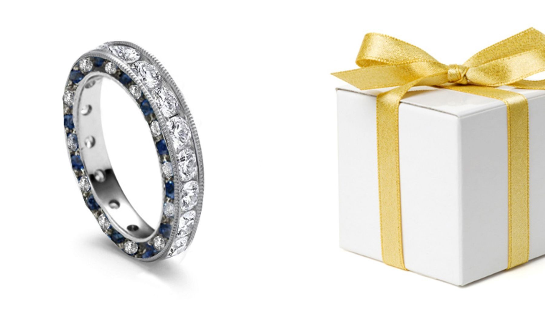 Channel Set Round Diamond & Sapphire Halo Sprinkled Gold Ring