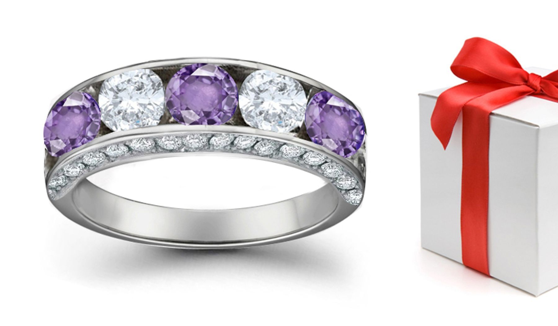 Purple Sapphire & White Diamond Five Stone Rings