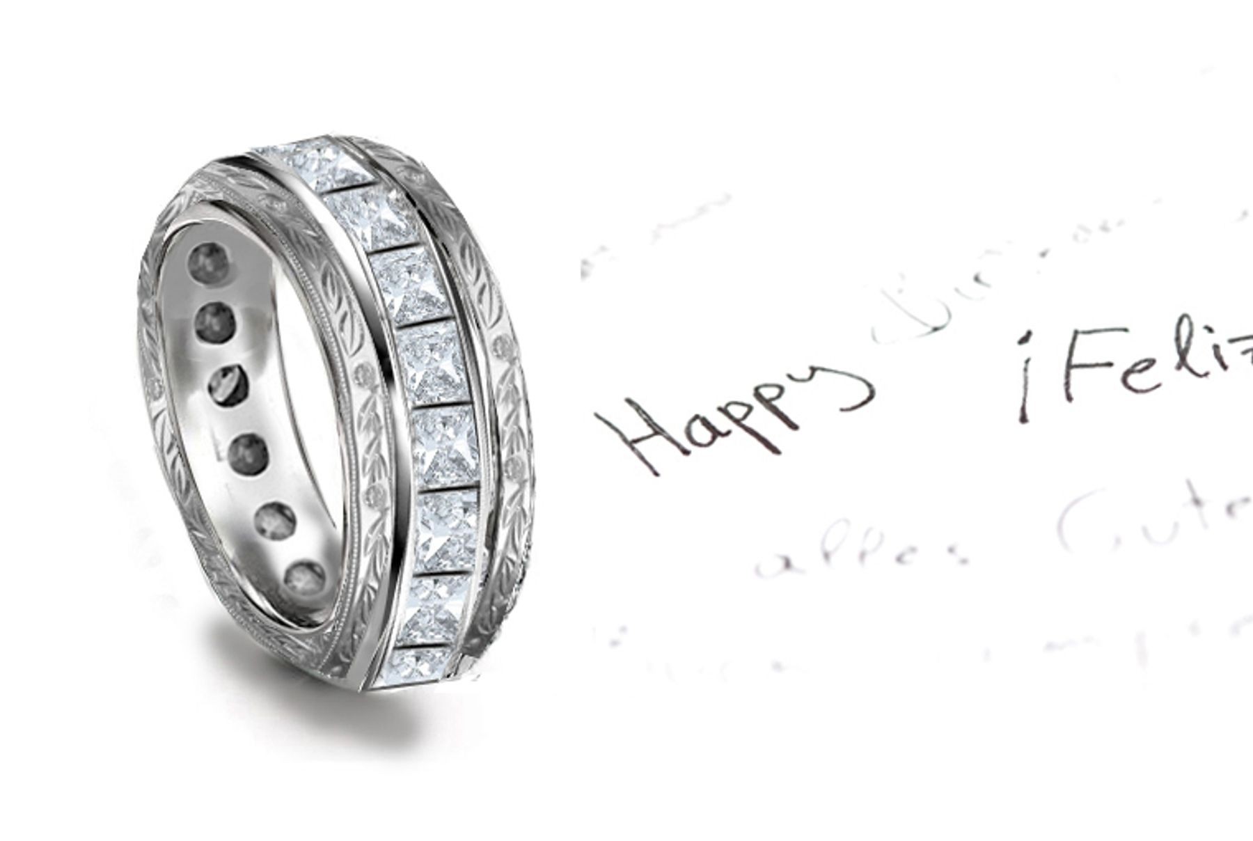 Original: Princess Cut  Diamond Wedding Band Elaborately Ornamented Scrolls & Motifs in Gold