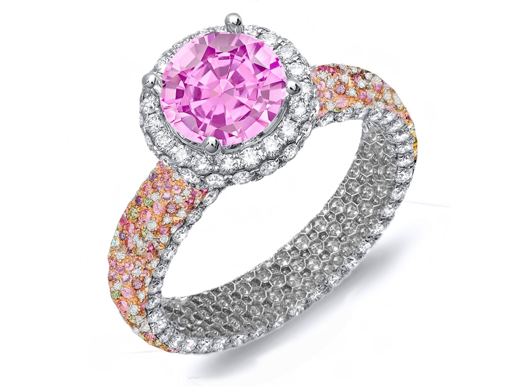 Explore Micro Pave Cluster Diamond & Multi-Colored Precious Stones Rubies, Emeralds & Blue, Pink, Purple, Yellow Sapphires