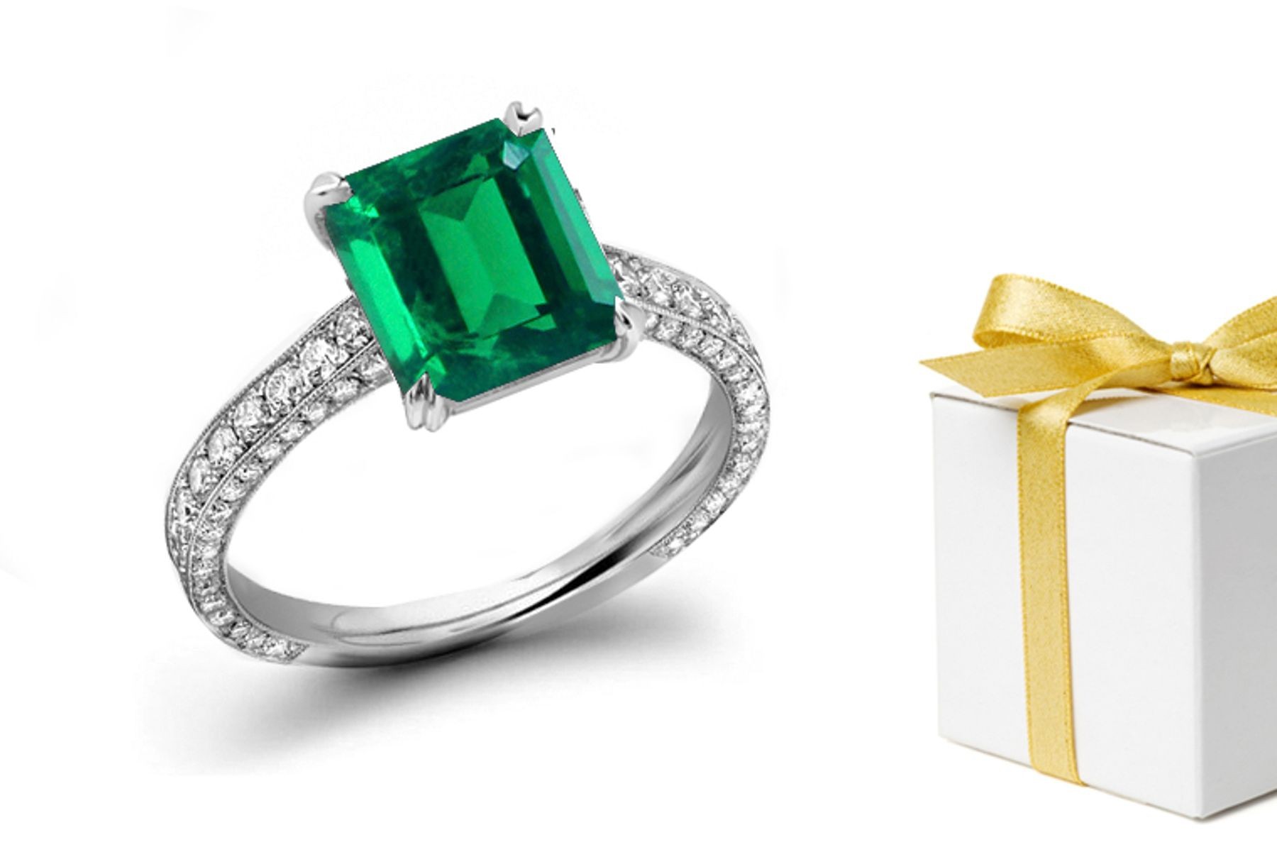 Brilliant Rich Green Emerald Cut Genuine Emerald, Micropave Diamond & Platinum Vintage Ring