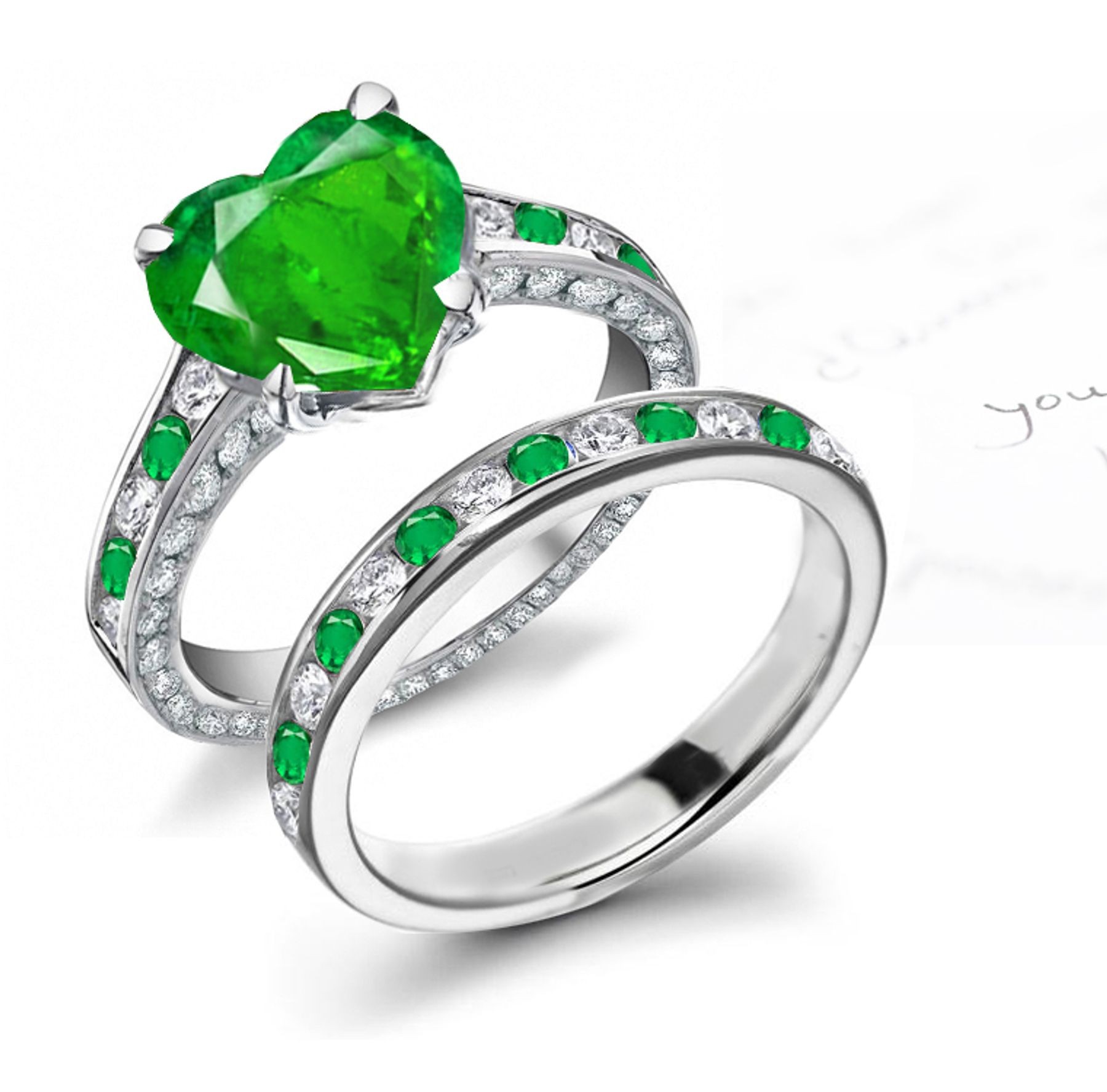 Forever Together: Heart Emerald Solitaire Ring & Gold Diamond Band