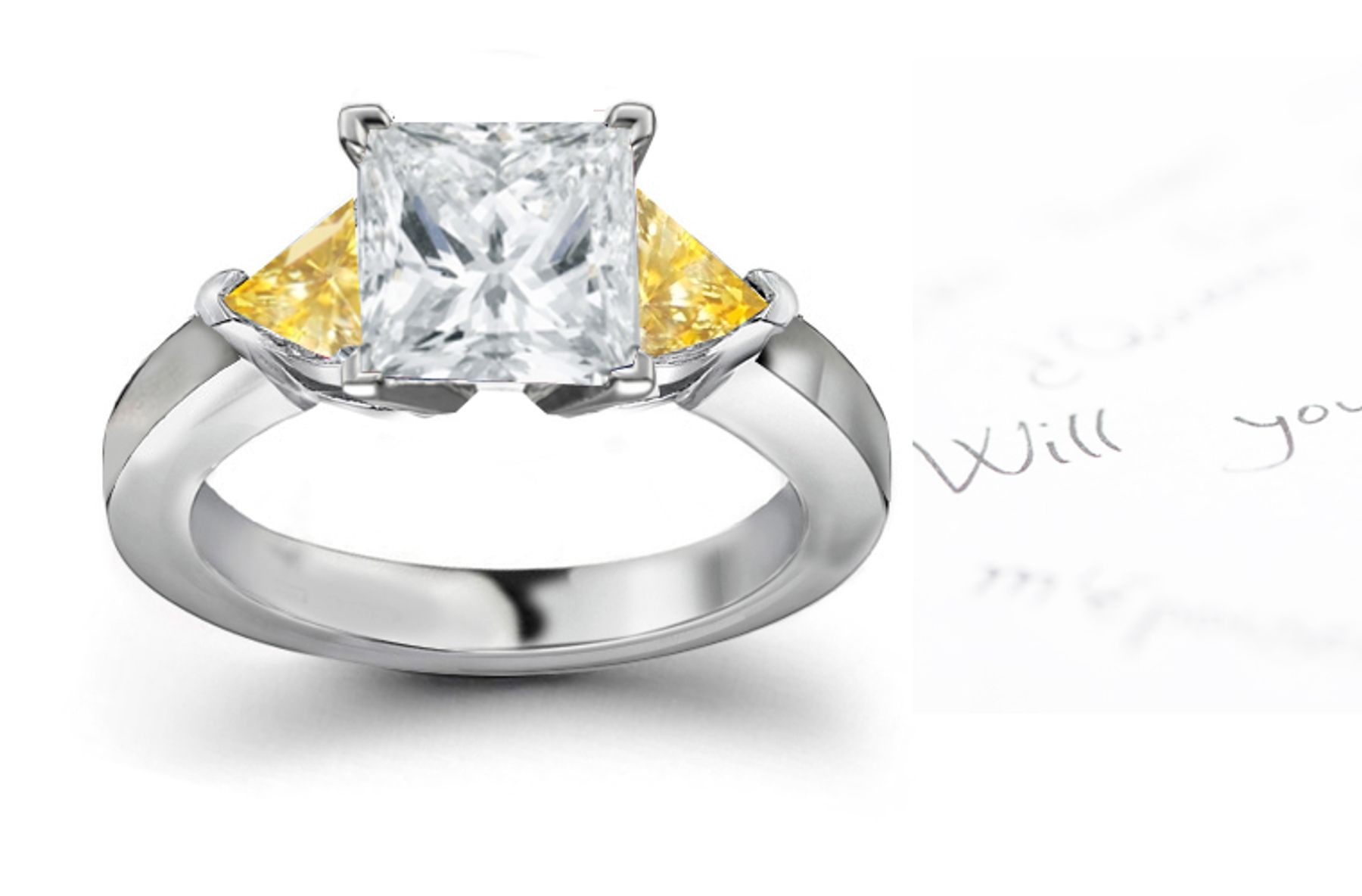 Trillion Yellow Sapphire 3 Stone Engagement Ring with Emerald-Cut Diamonds in 14k White Gold (5x3 mm, 3x3 mm)