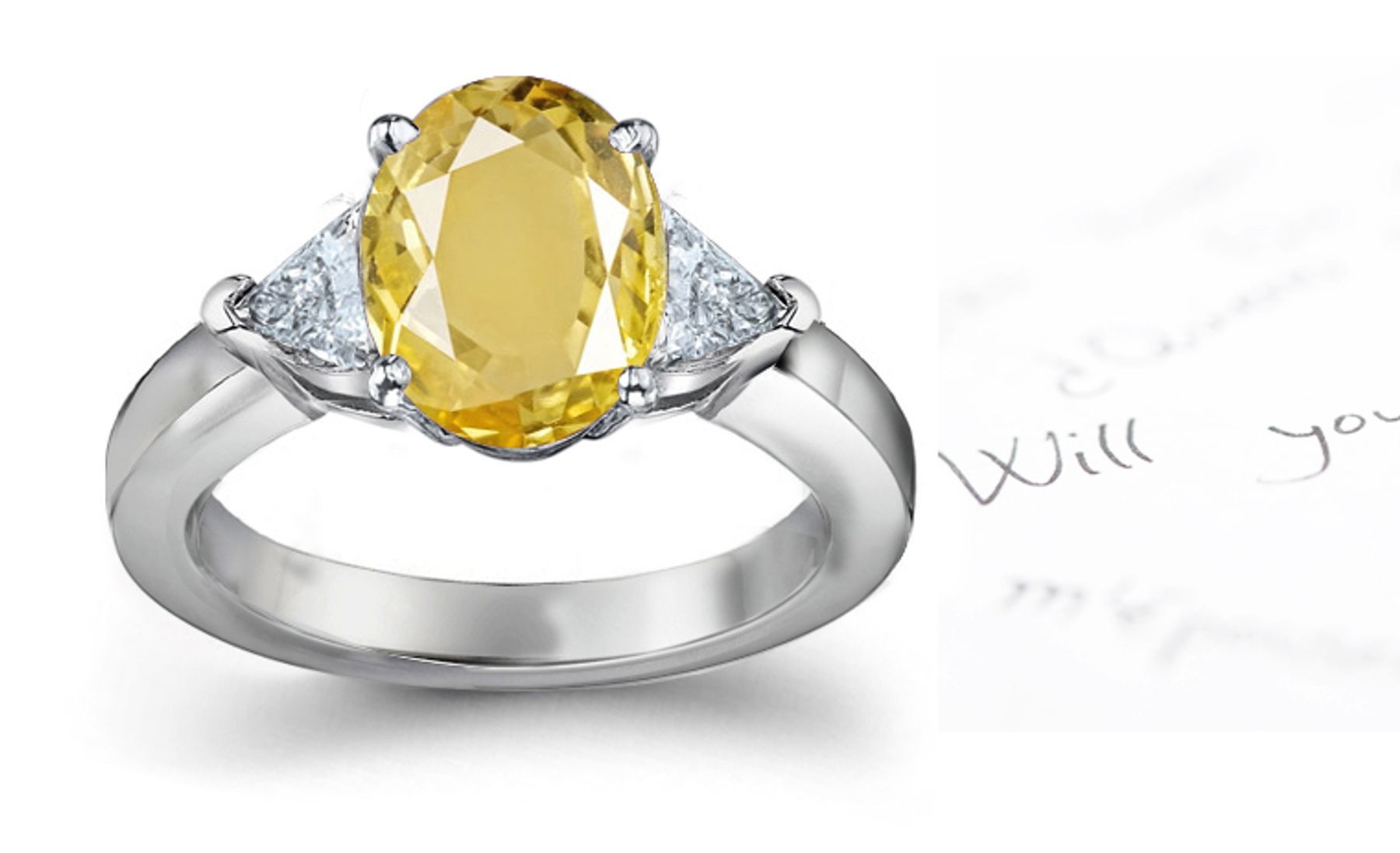 Trillion Yellow Sapphire 3 Stone Engagement Ring with Emerald-Cut Diamonds in Gold