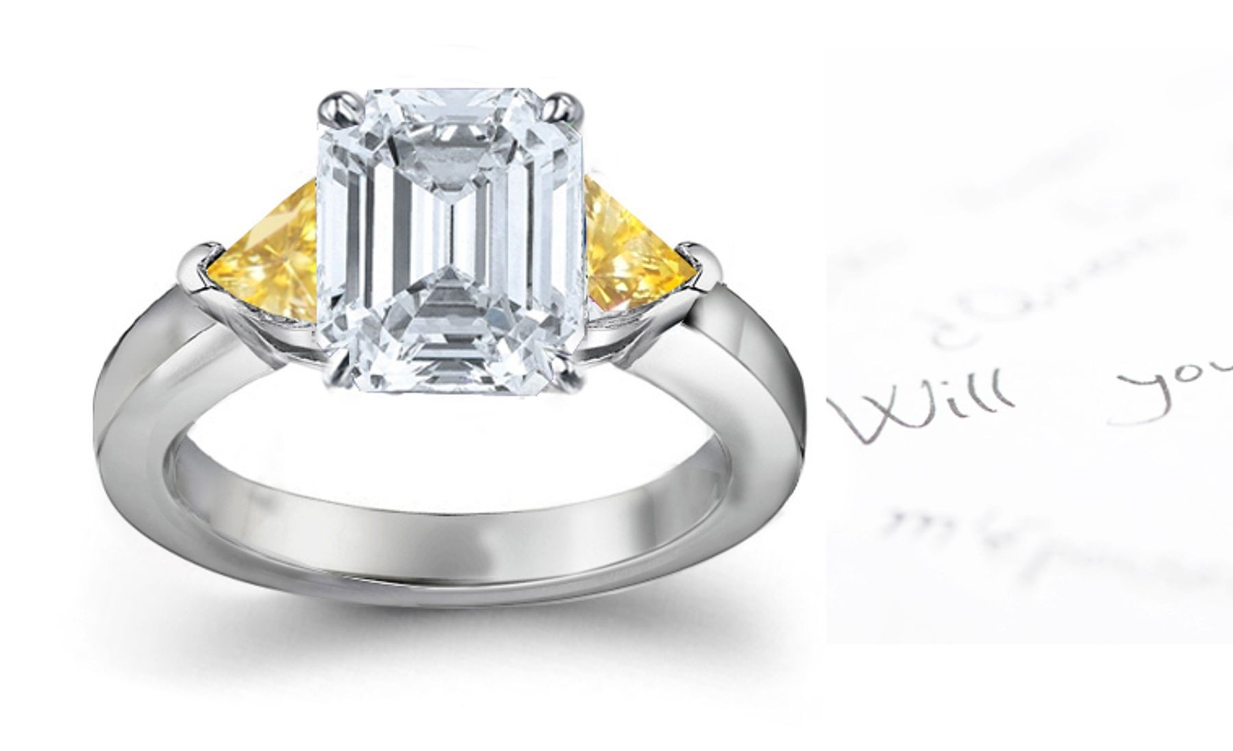 Trillion Yellow Sapphire Engagement Ring with Emerald-Cut Diamonds in 14k White Gold