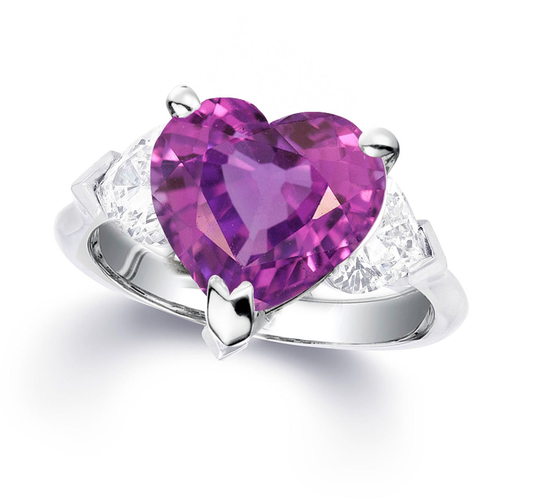 Custom Manufactured Three Stone Heart-Shaped Diamonds & Purple Sapphire Ring