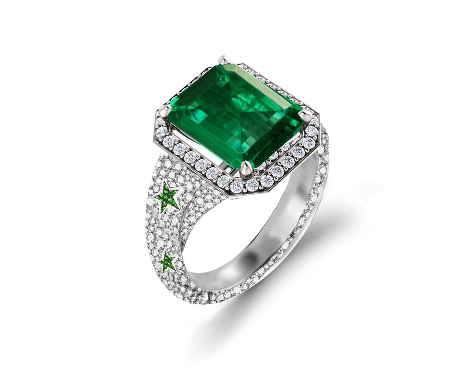 Precision Set Delicate French Micro Pave Halo Rings With Emerald & Diamonds