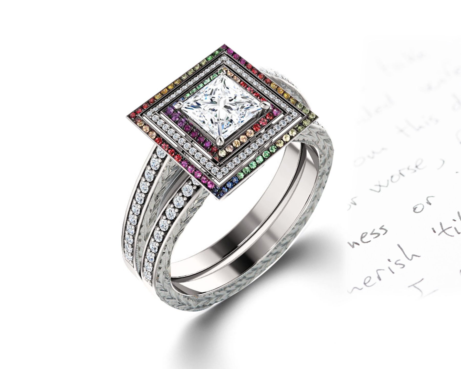 Delicate Micro Pave Halo Vivid Rainbow Sapphires & Brilliant-Cut Round Diamonds Designer Engagement Rings