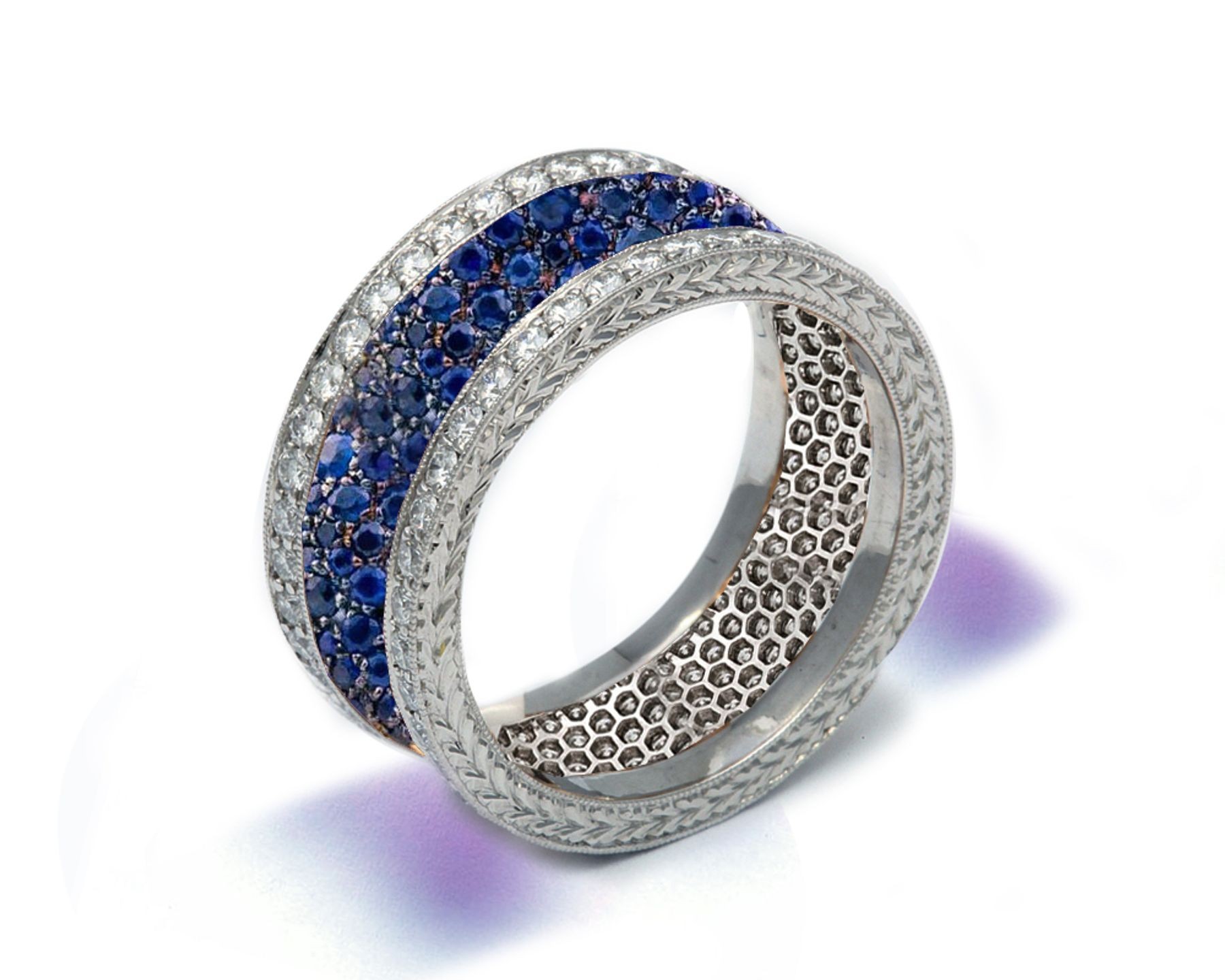 Delicate Women's Eternity Rings Featuring Blue Sapphires & Diamonds in Precision Micro pave Settings