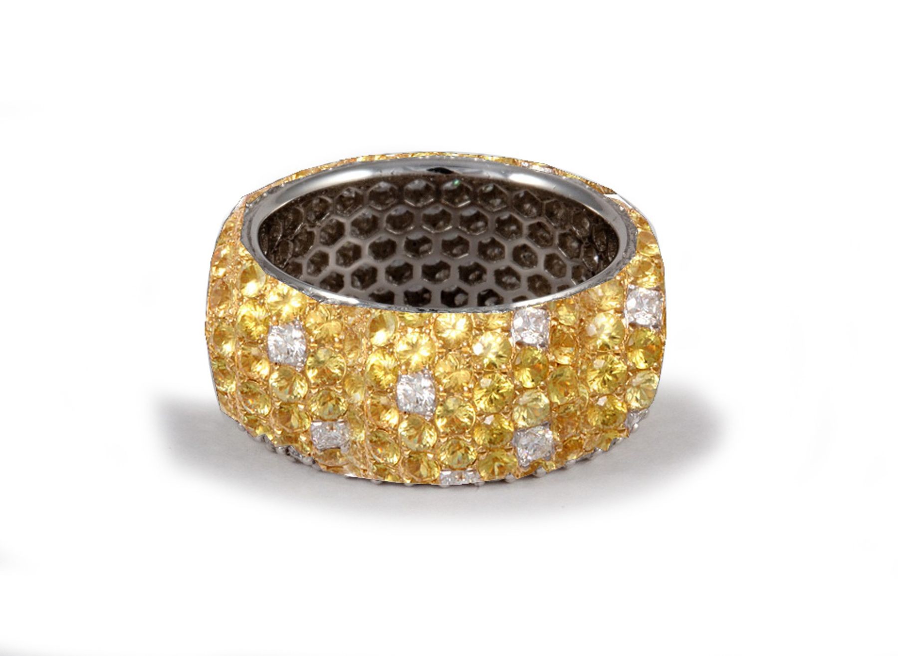 Latest Collection: Women's Halo Micro pave Precision Set Yellow Sapphire & Diamond Eternity Rings Available in Gold or Platinum for Wedding or Anniversary