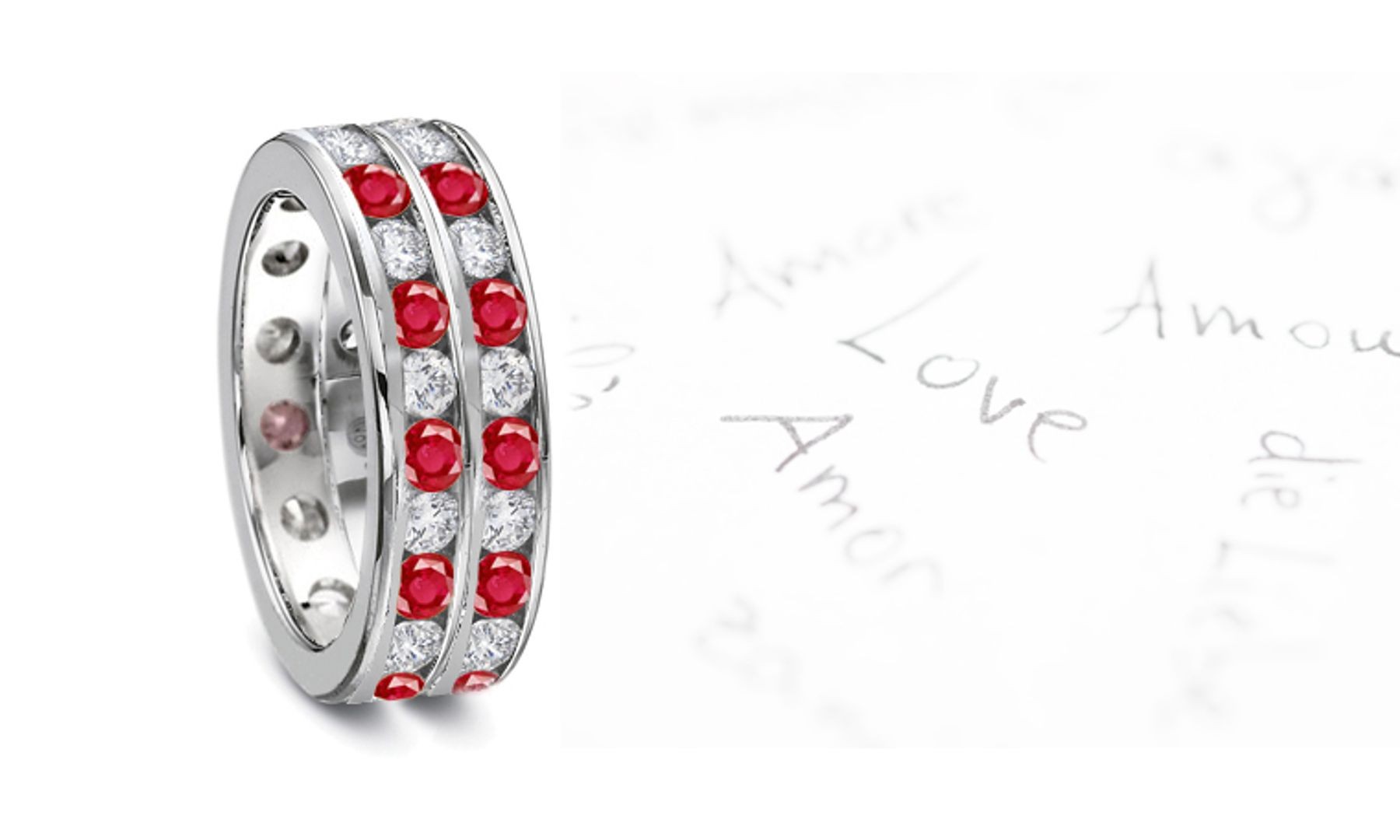 Two Twinkling Rows of Channel Set Ruby & Diamond Eternity Rings in 14k Gold