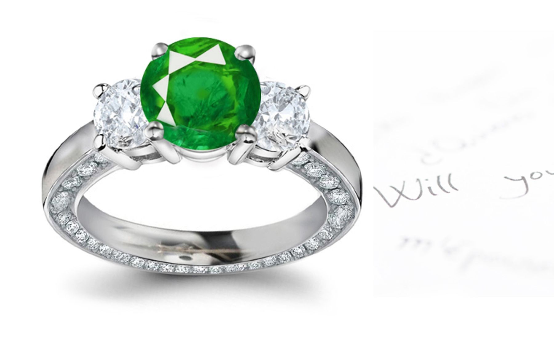 Popular For Hunfreds of Years: A 3 Stone Round Diamond & Round Emerald Halo Ring with Diamond Divine Gods Halo