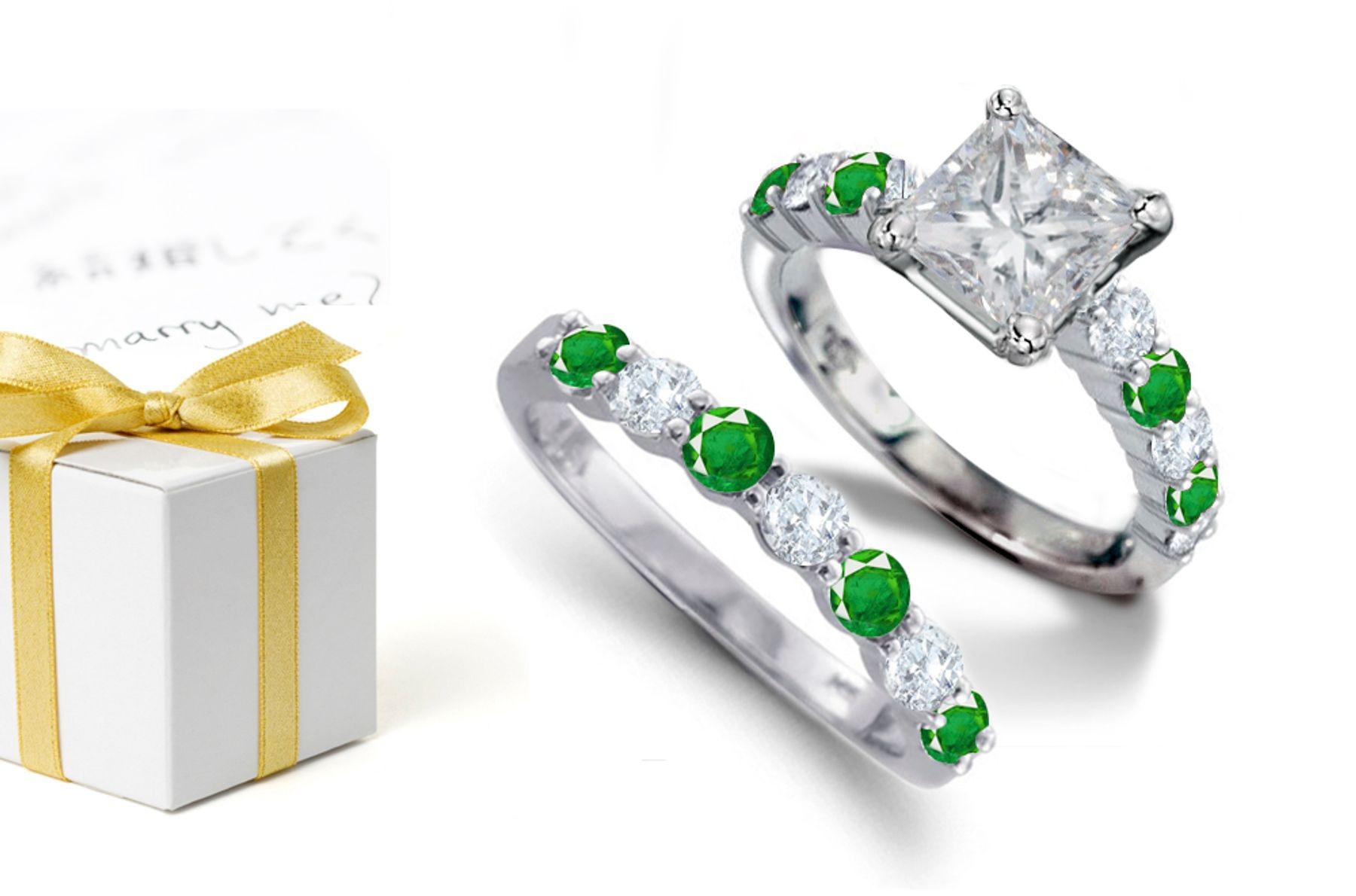 Among Important Additions to Stock: A Princess Cut Diamond in Center & Emerald Ring & Circular Line of Emerald, Diamond Wedding Anniversary Jewelry