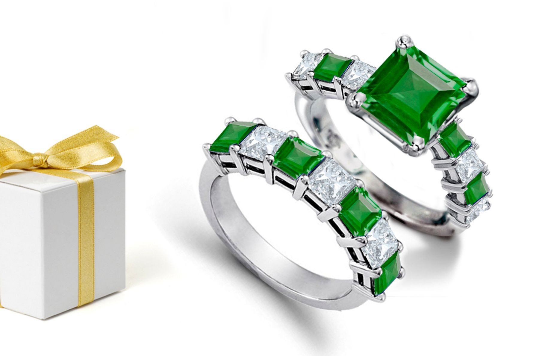 Men's Seal Rings: This stunning ring features A Square Emerald Center and Princess Cut Diamonds, Gold & Emeralds on sides & Diamond, Emerald Gold Wedding Band