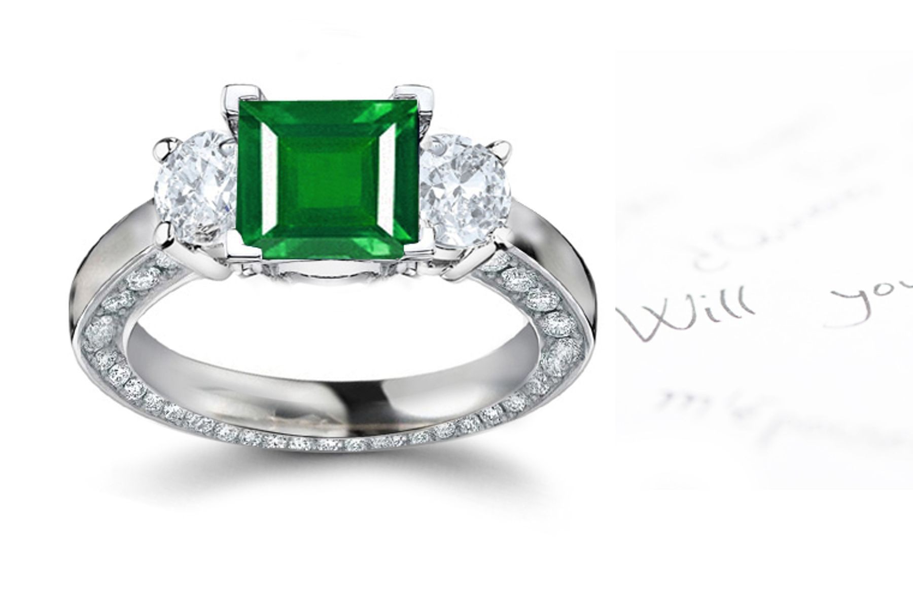 "Special Halo Design" 3 Stone Square Emerald & Round Diamond Halo Ring Embody Grace