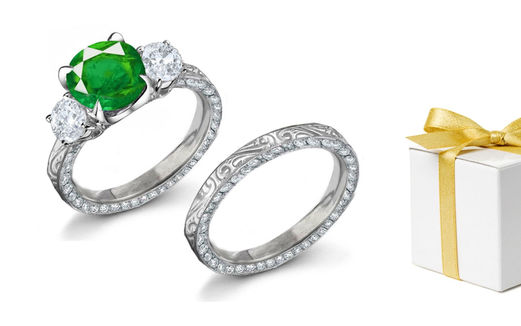 3 Stone Emerald Cut Diamond Engagement Halo Ring & Engraved Diamond Halo Band