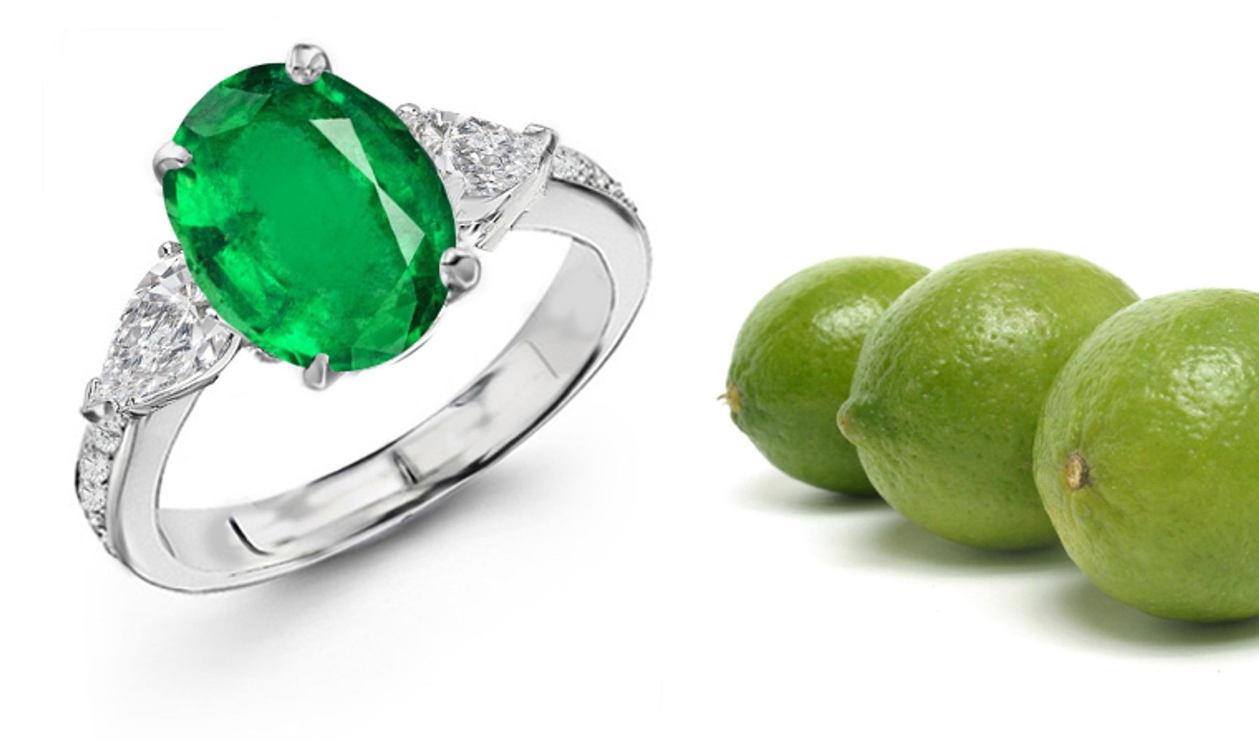 Three Stone Diamond Rings Features Center Oval Cut Emerald, and pear-shaped side stones