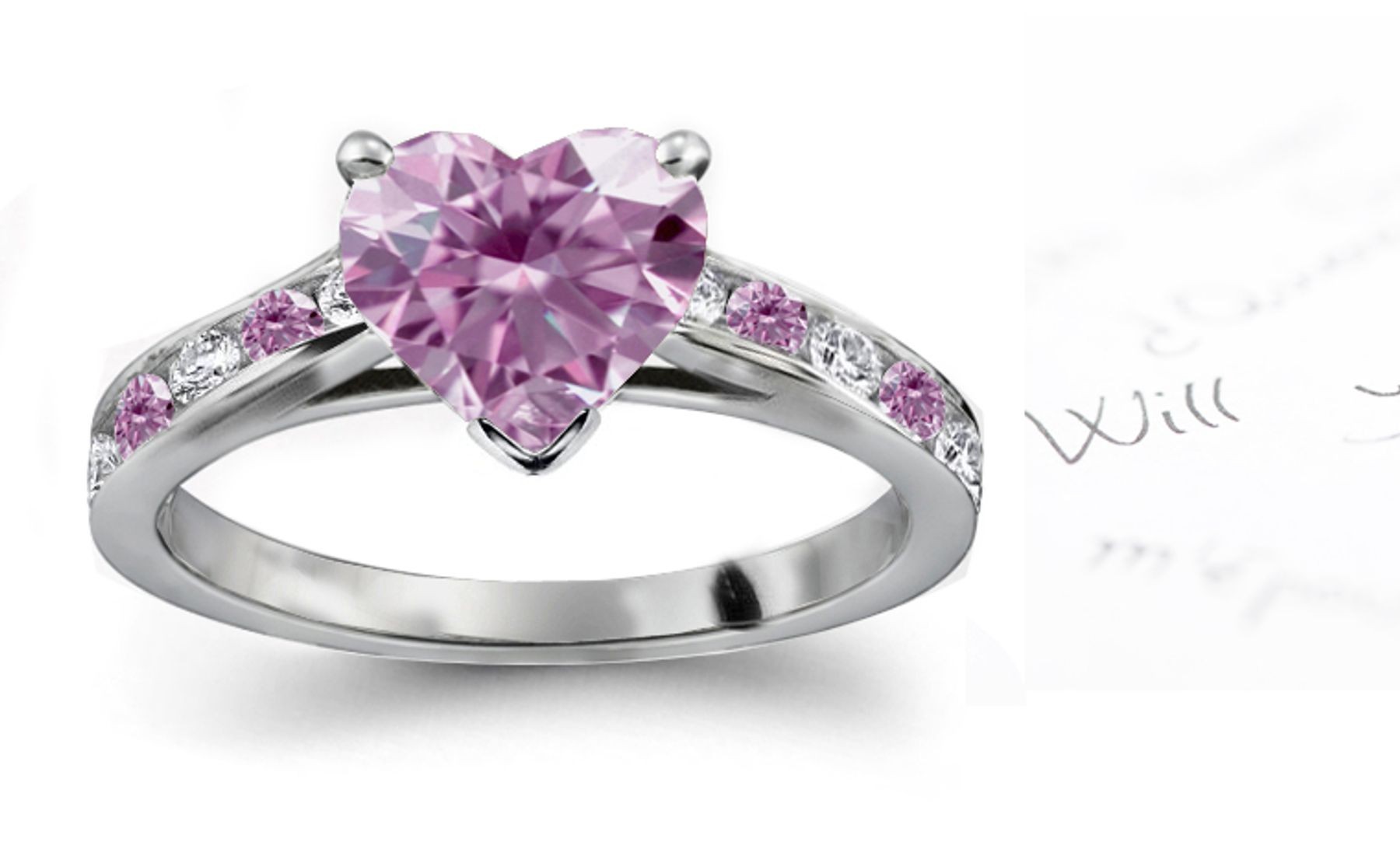 Center Heart Purple Diamond & Channel Set Contrasted Purple & White Diamonds Gold Engagement Ring