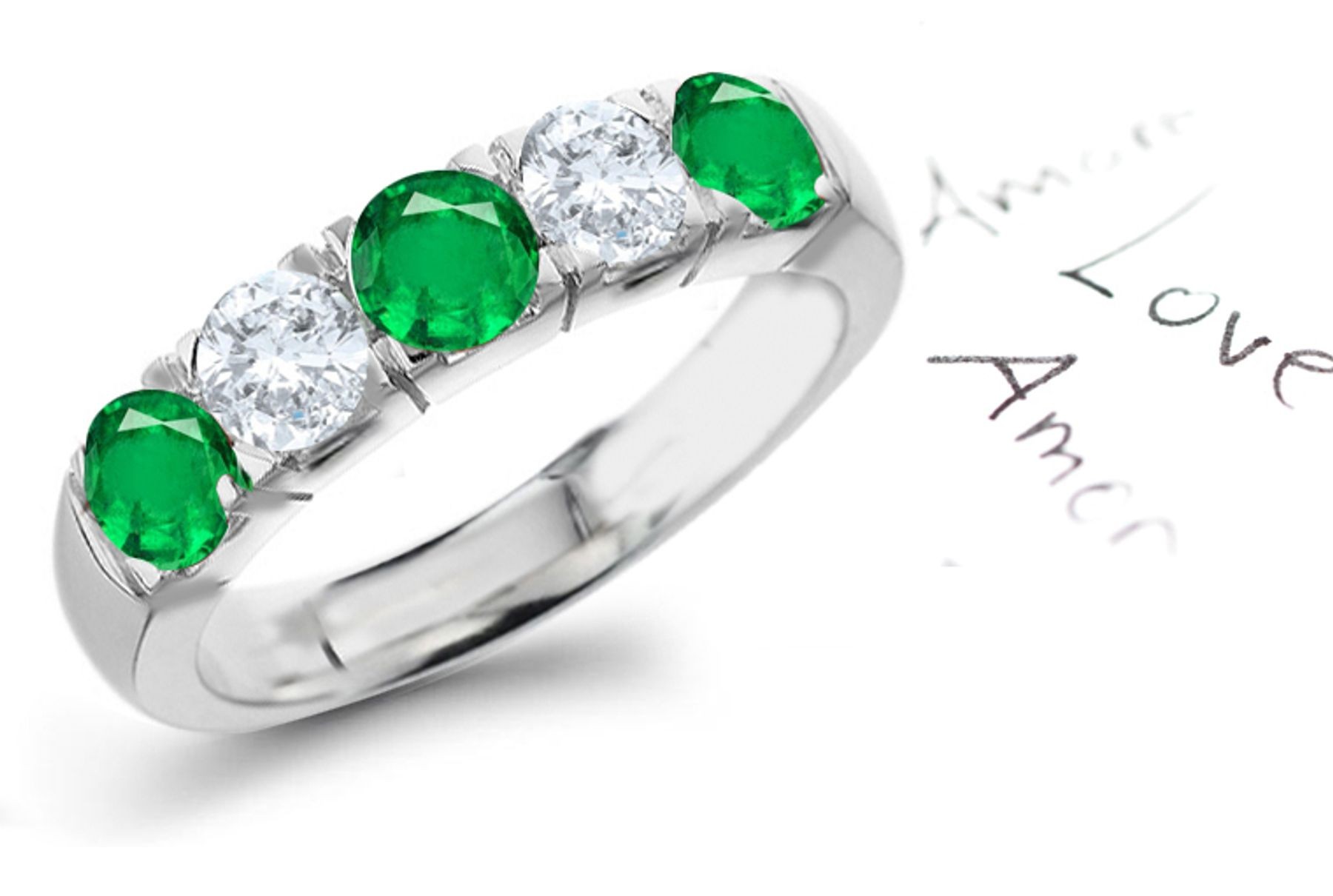 For People In Love: 6 Stone Round Emerald & Diamond Anniversary Ring in Platinum