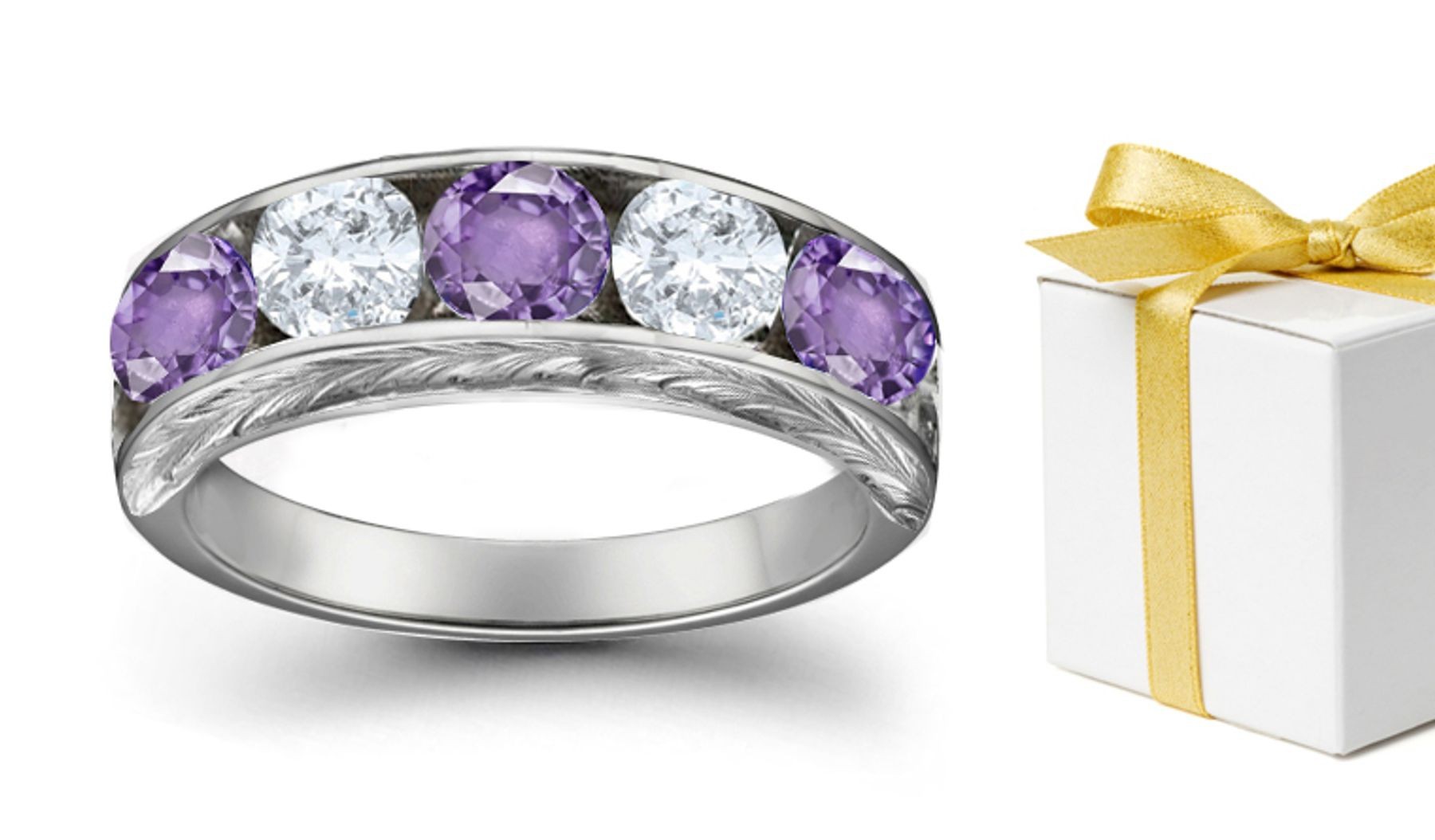 Purple Sapphire & White Diamond Five Stone Rings