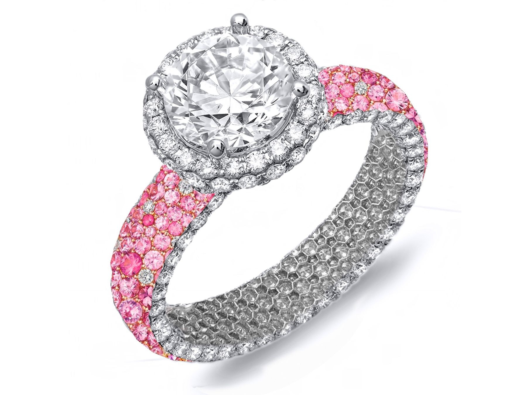 Made To Order Rings Featuring Delicate French Halo Pave Diamonds & Vivid Pink Sapphires
