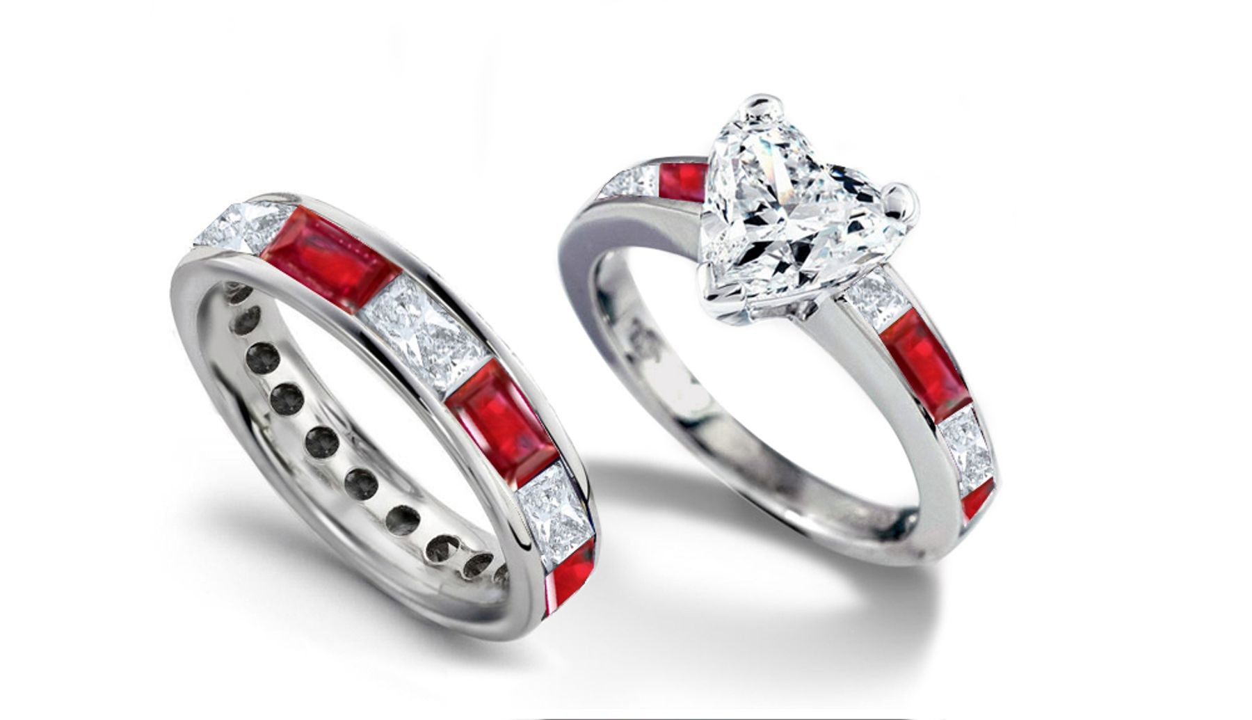 Heart Diamond & Baguette Diamond & Ruby Engagement Ring & Wedding Band in Platinum & Gold Size 3 to 8