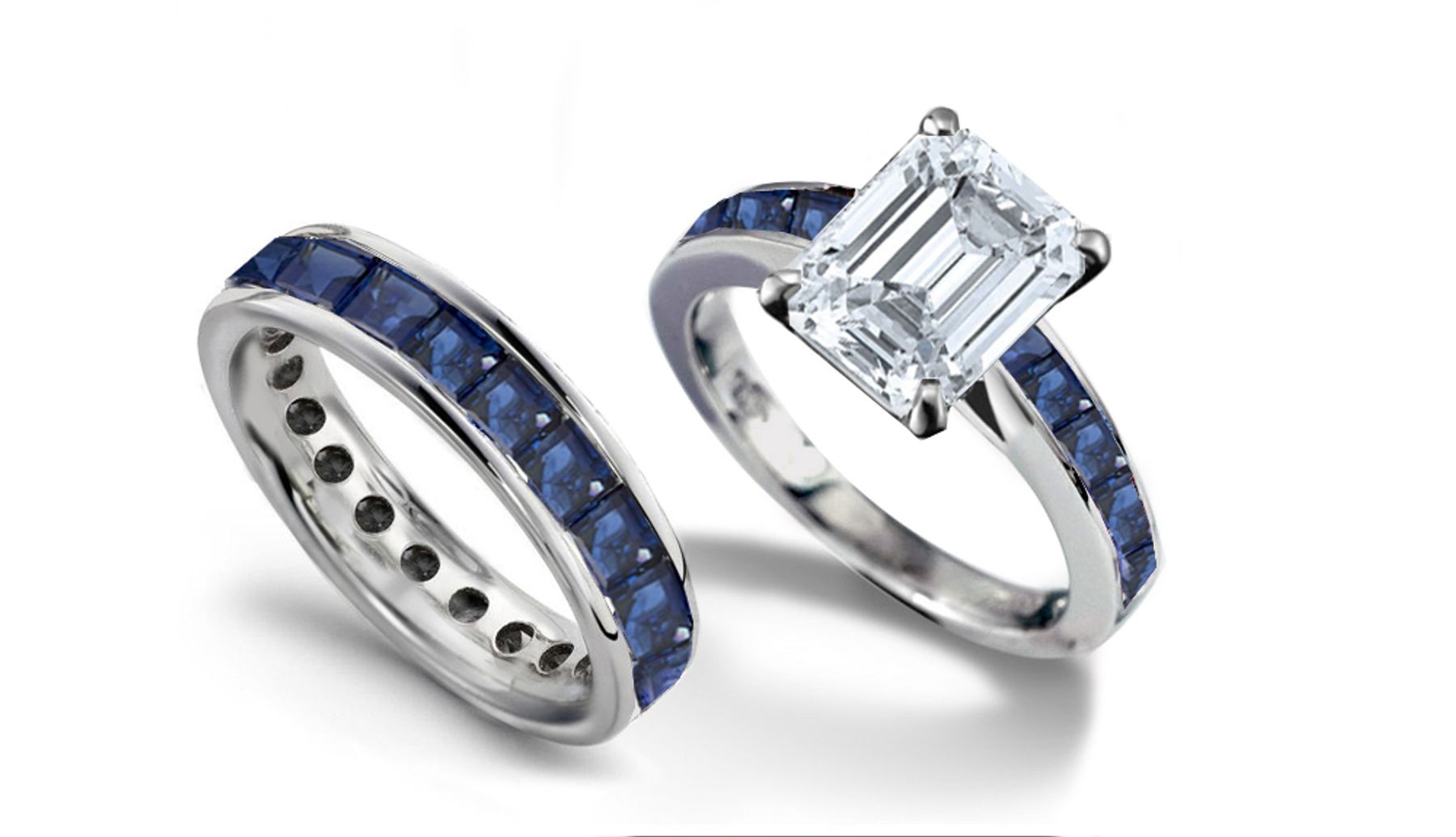 Emerald Cut Diamond & Square Blue Sapphire Engagement & Wedding Set