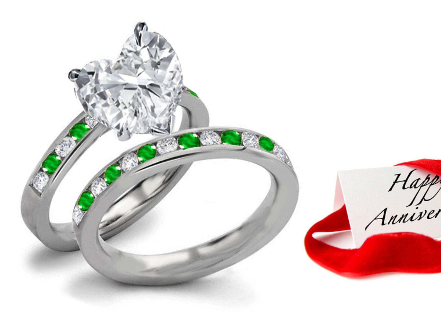 A Choice Collection: Solitaire Heart Diamond & Emerald Ring with Gold Diamond Band Men's Size 6