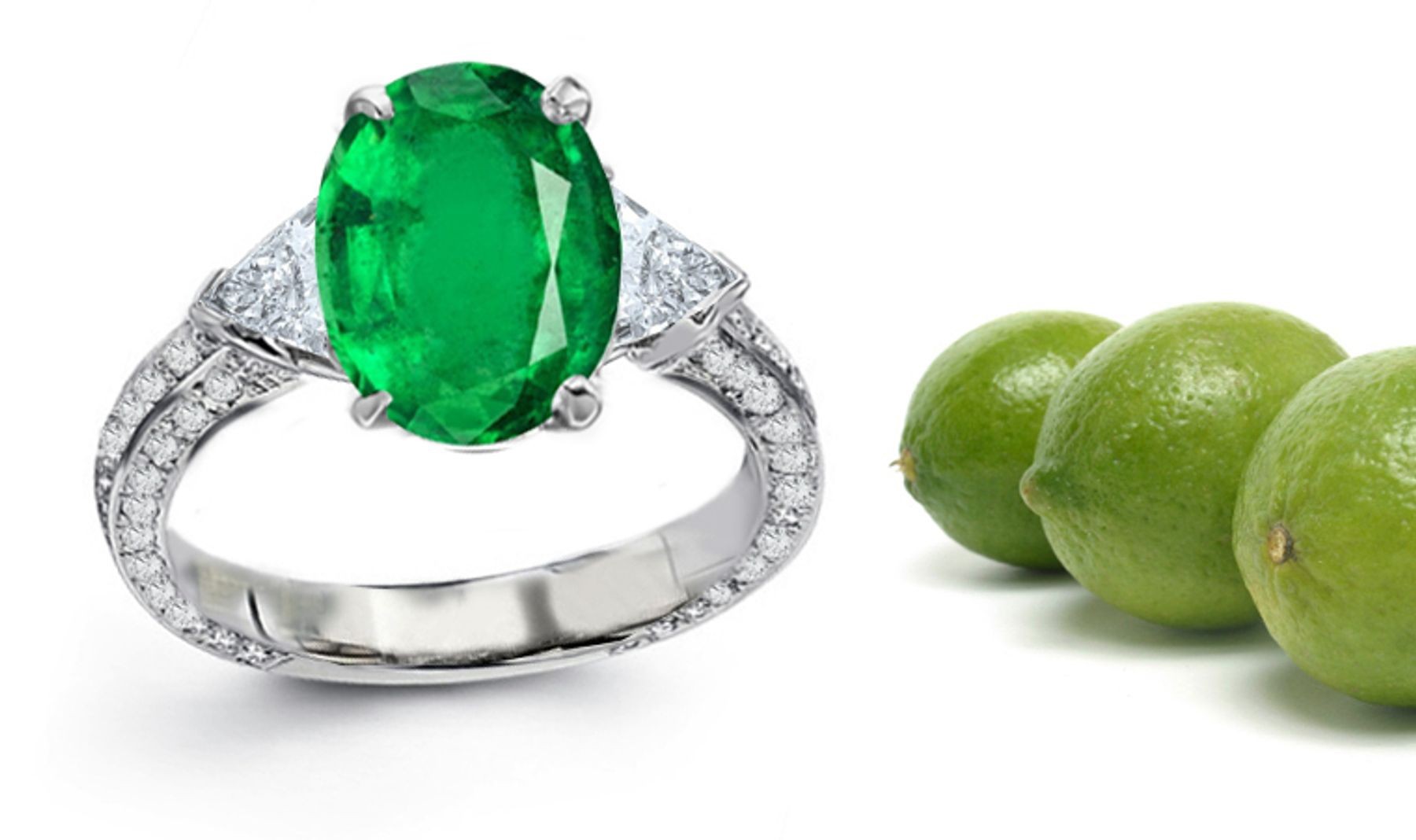 Three Stone Diamond Rings Features Center Oval Emerald with Trillion Diamond side stones
