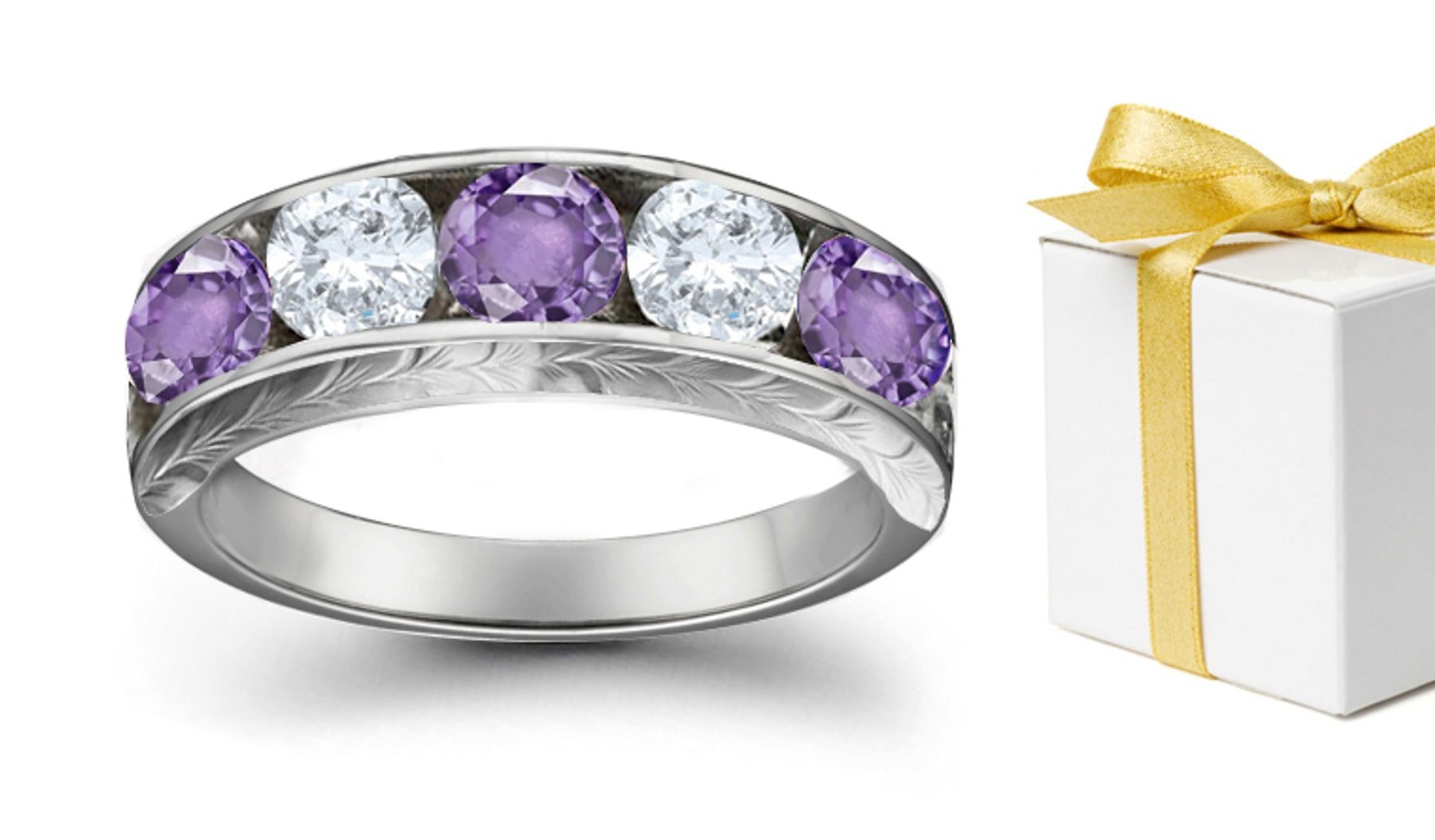 Purple Sapphire & White Diamond Five Stone Rings