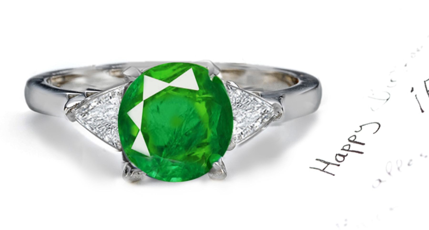 New Designs: Round Emerald & Trillion Diamonds Three-Stone Ring in 14k White Gold & Platinum 