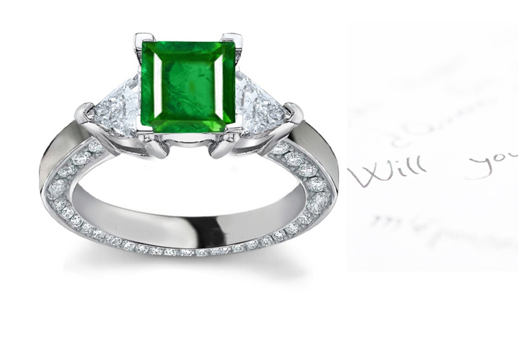 A Large Varying Assortment: A Square Emerald & Trillion 3-Stone Diamond & Platinum Halo Ring in 14k Rose Gold View Sides