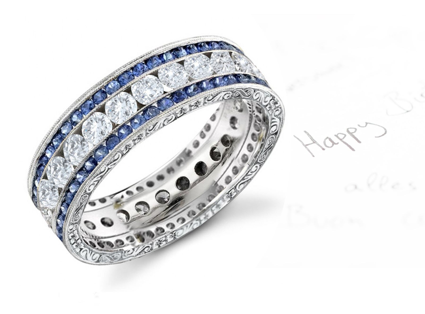 Translucent Navy Blue Sapphire & Diamond Platinum Wedding Band