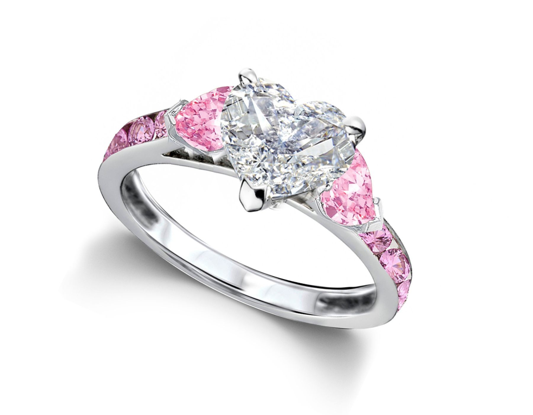 Heart Diamond & Pink Sapphire Three Stone Engagement Ring With Side Accents