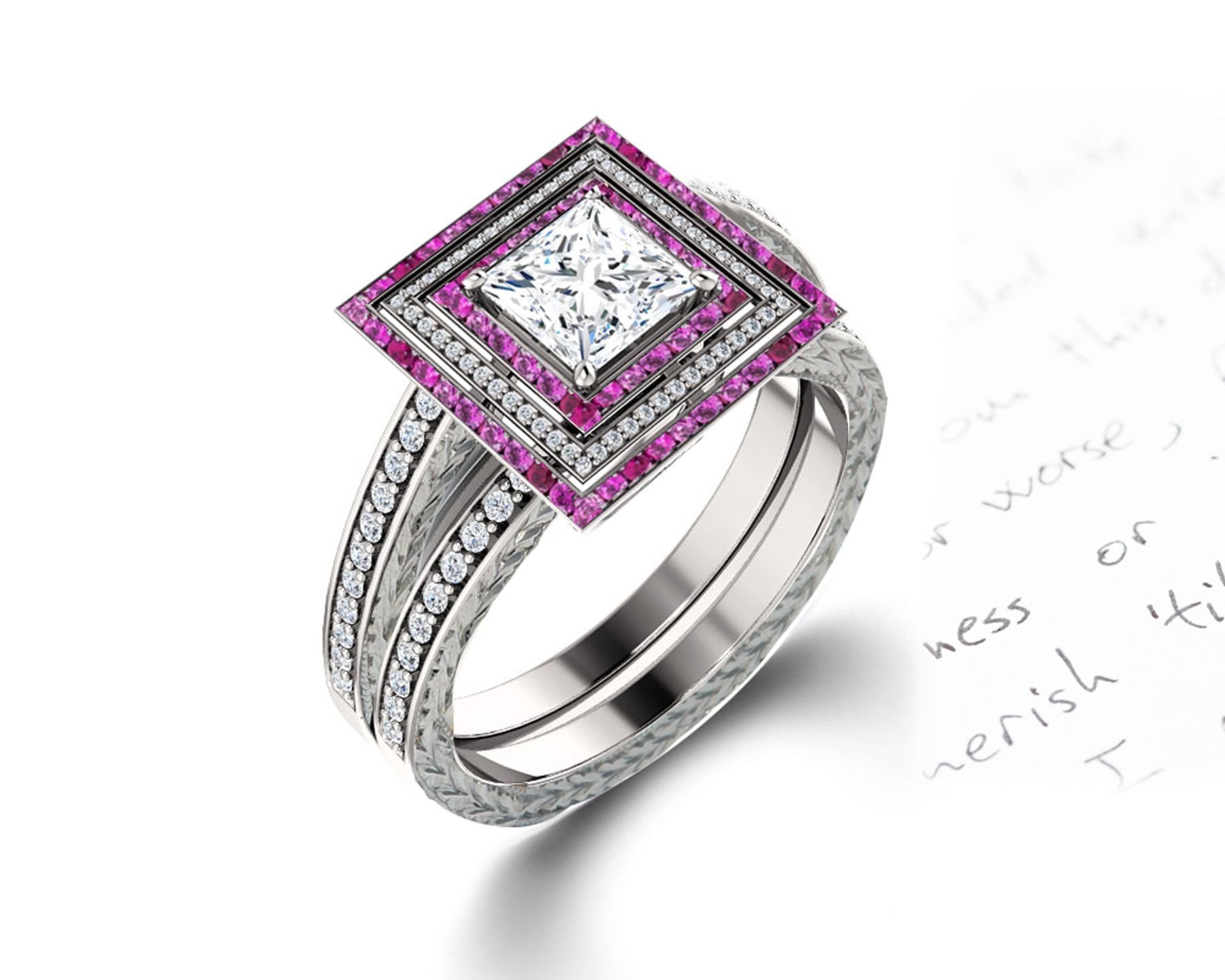 Delicate Micro Pave Halo Vivid Pink Sapphires & Brilliant-Cut Round Diamonds Designer Engagement Rings