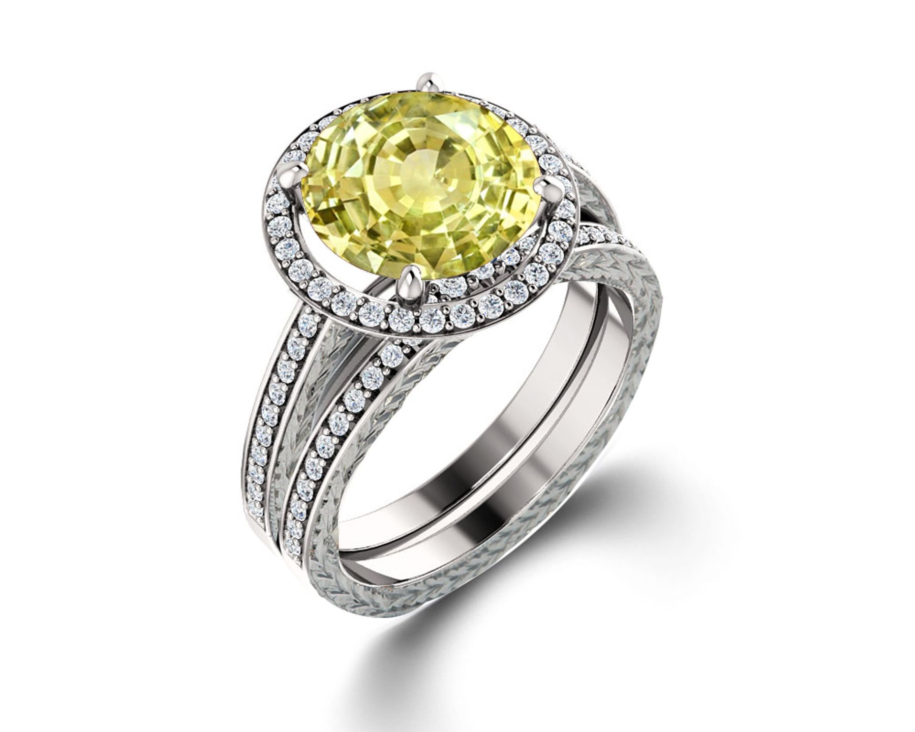 Delicate Micro Pave Halo Vivid Yellow Sapphires & Brilliant-Cut Round Diamonds Designer Engagement Rings