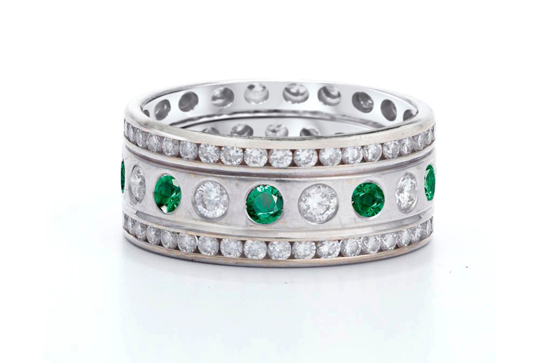 Precision Set Bezel & Channel Set Round Diamond & Emerald Eternity Band Rings