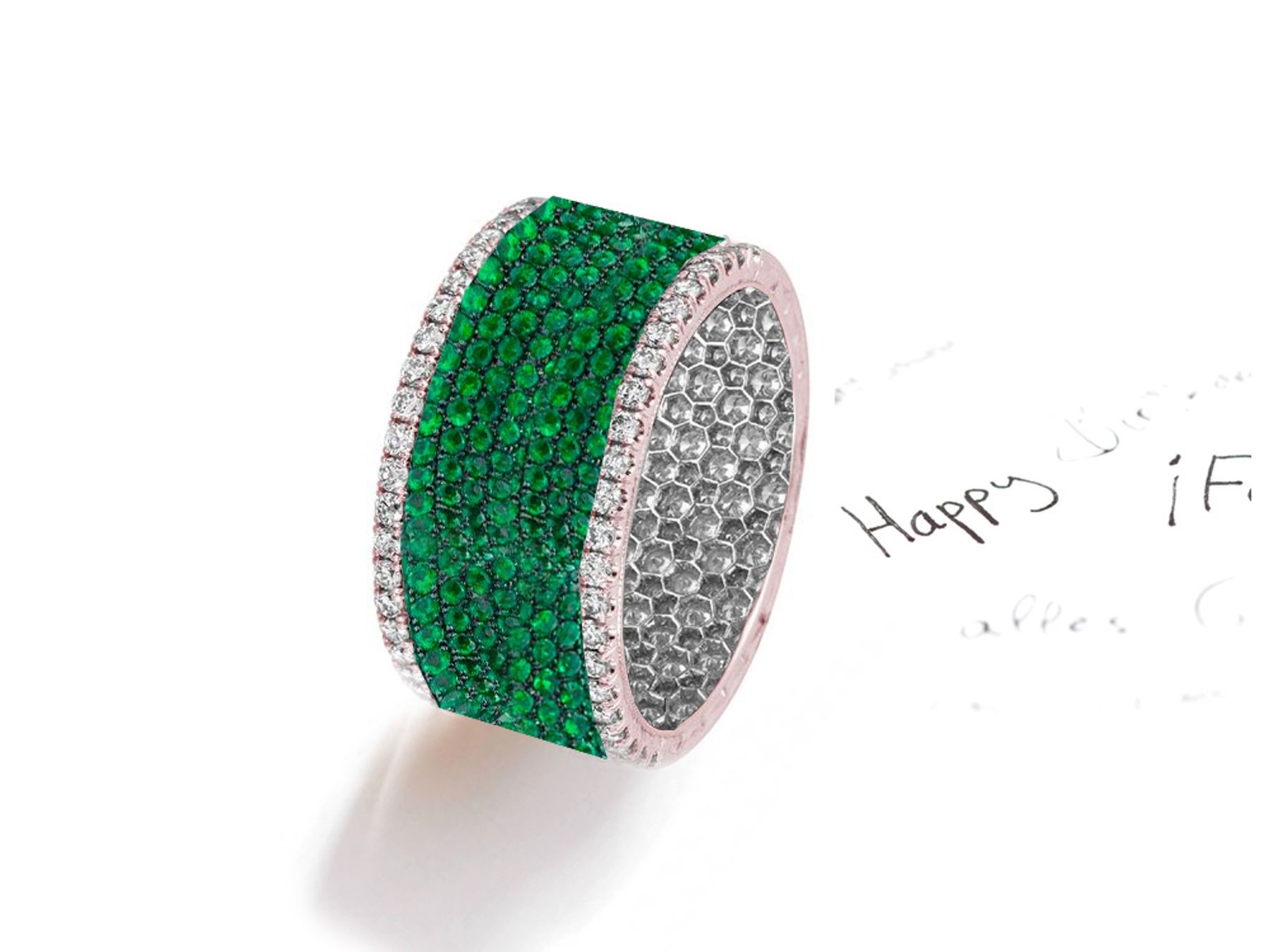 Channel & Prong Set Round Diamond & Green Emerald Eternity Bands