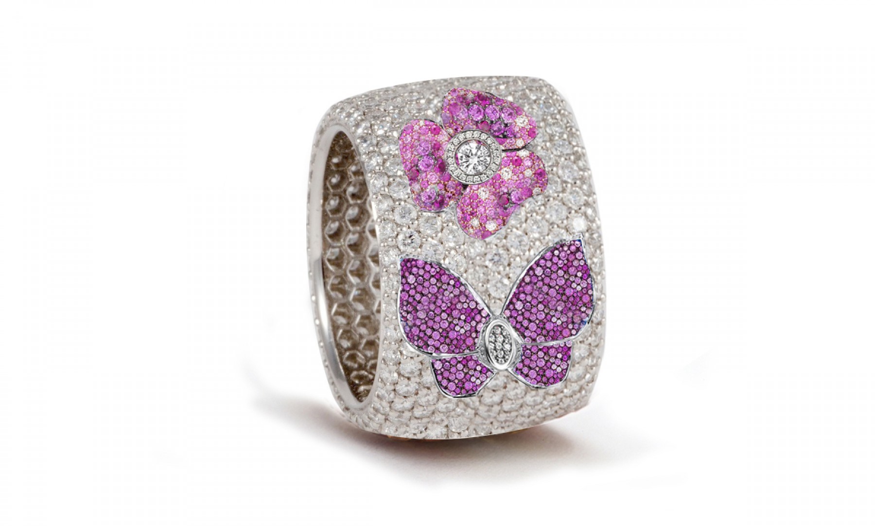 High Quality French pavee Multi-Colored Sapphire & Brilliant-Cut Round Diamond Butterfly & Flower Eternity Rings & Bands