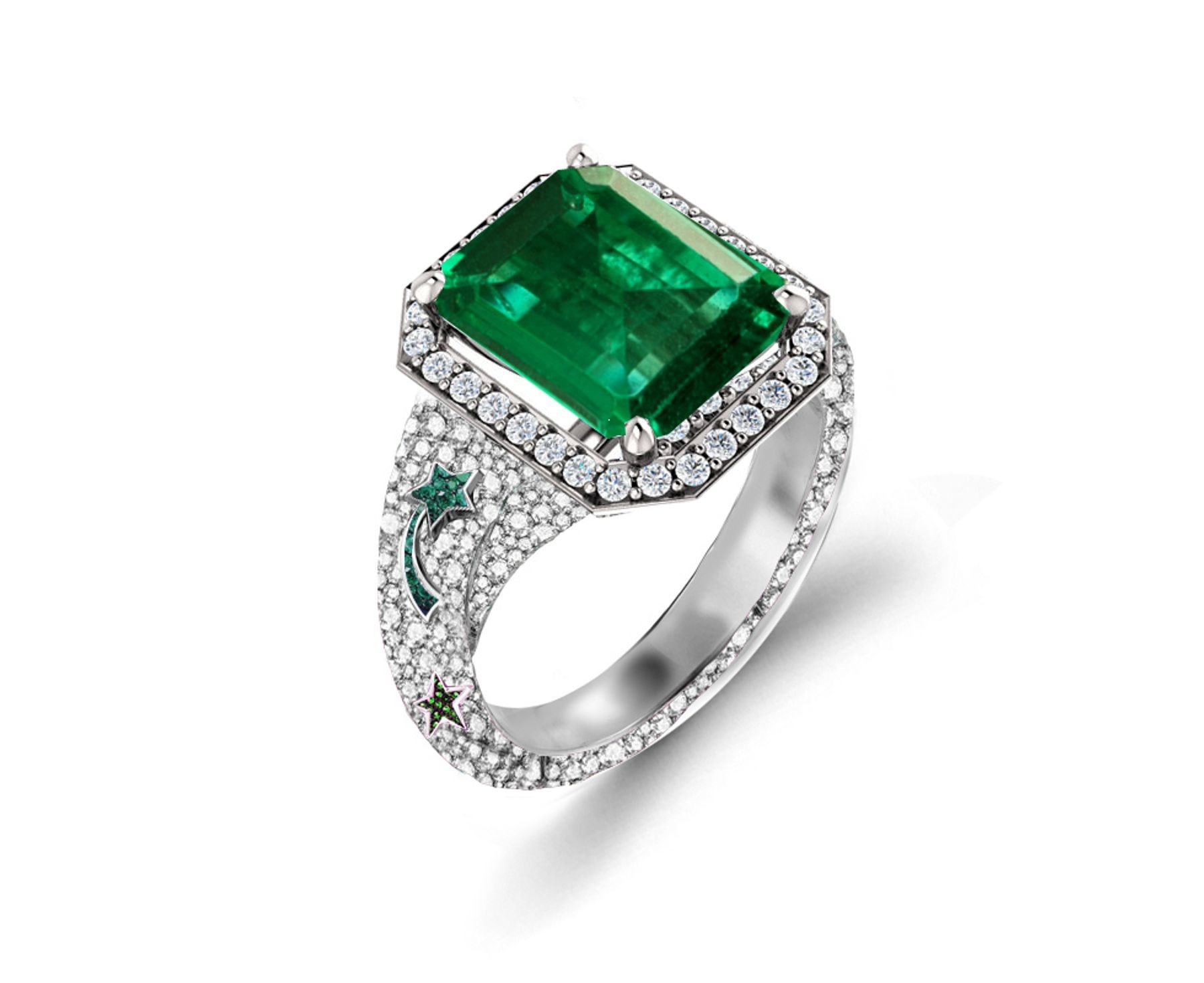 Precision Set Delicate French Micro Pave Halo Rings With Emerald & Diamonds