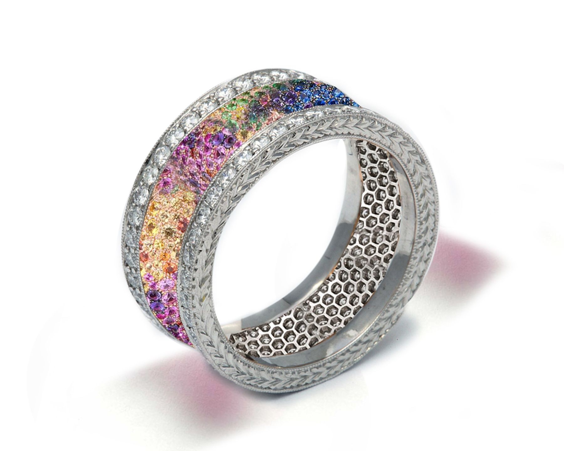 Delicate Women's Eternity Rings Featuring Multi-Colored Diamonds and Gemstones in Halo Precision Micro pave Settings