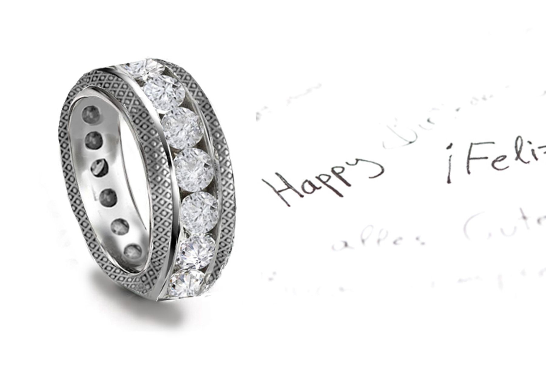 Love & Celebration: Antique Diamond Wedding Band Decorated Sides with Embossed Leaves and Flowers 5 mm Wide