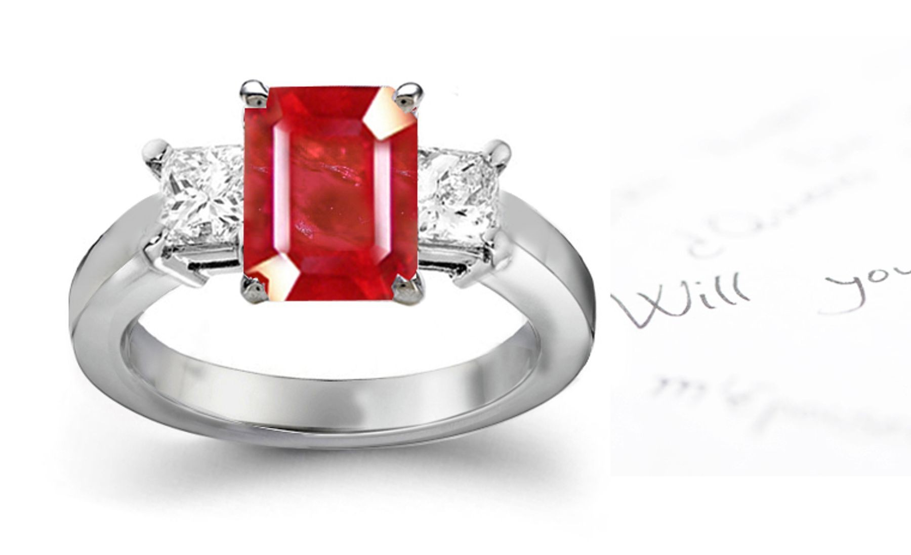 Ruby Ring: Platinum ruby oval and diamond pear shaped three stone anniversary ring or engagement ring.