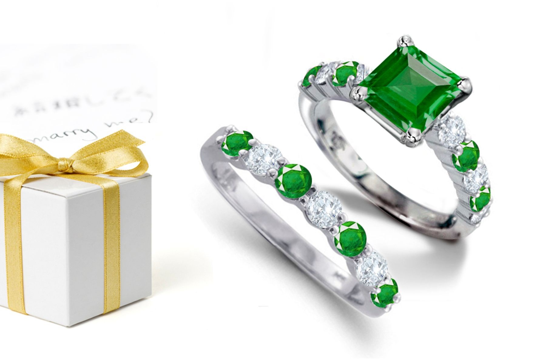 True Princess: Discover This Classic Diamond & Princess Cut Emerald Ring & Round Emerald & get it with This Gold Diamond Half Gemstone Eternity Band