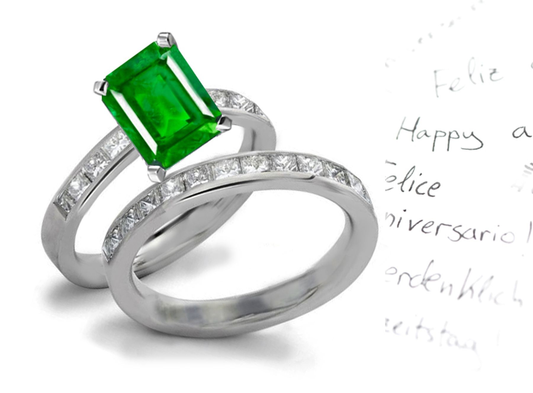 Fine Green Emerald Cut Emerald with Parallel Lines & Square Cut Diamond Accent Ring & Band