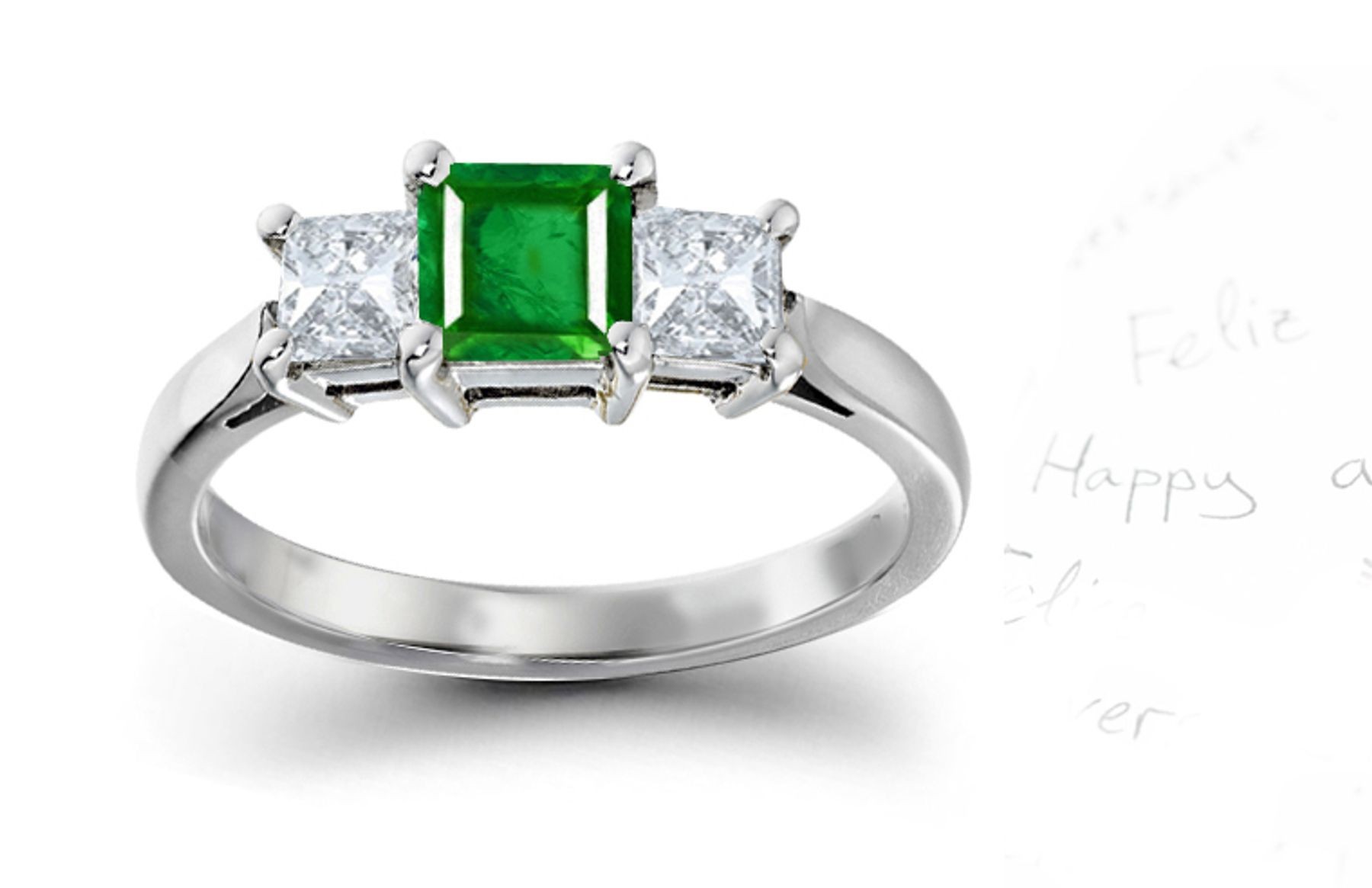 "Vibrant" 3 Stone Square Natural Emerald & Princess Cut Diamond Popular Fashionable Ring