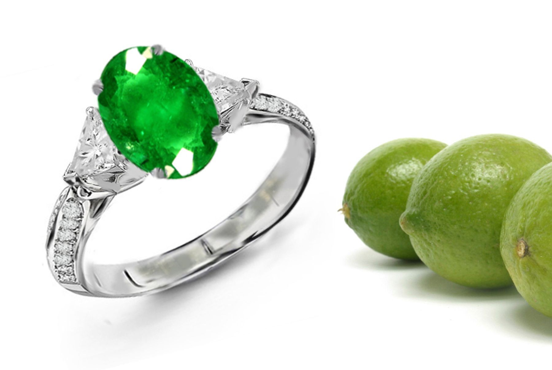Three-stone Diamond Half Hoop Rings Features Center Oval Cut Emerald & Trillion Diamonds